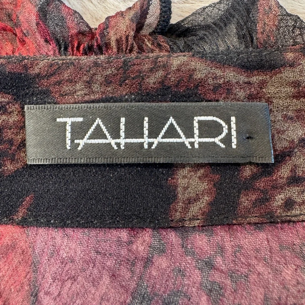 Tahari Women's Sz M Silk Sheer Ruffle Blouse Burgundy Black Victorian Gothic - Picture 6 of 16